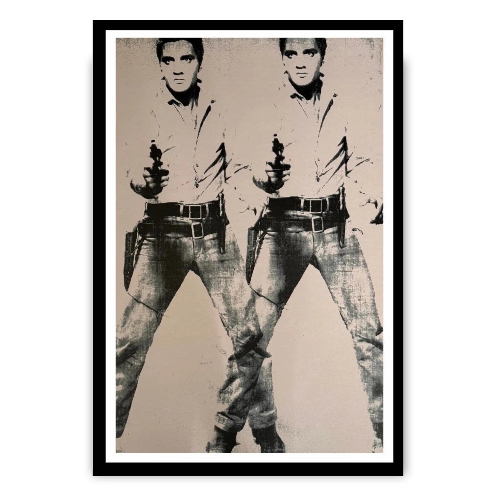 Framed artwork of a stylized portrait with a person holding a gun, on a plain background.